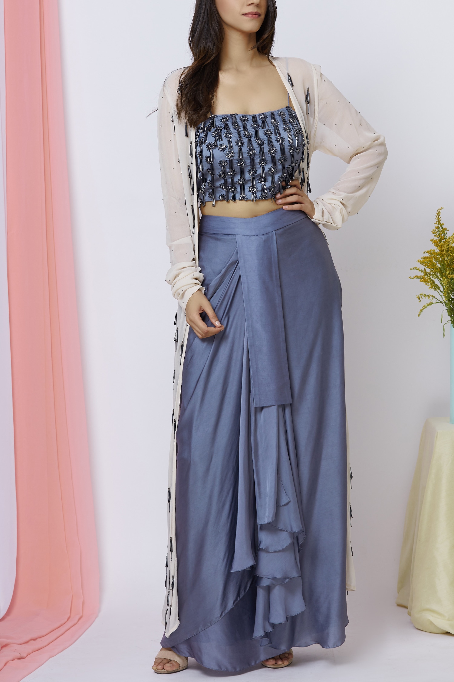 Aariyana Couture - Blue Georgette Square Neck Embroidered Jacket Draped  Skirt Set For Women