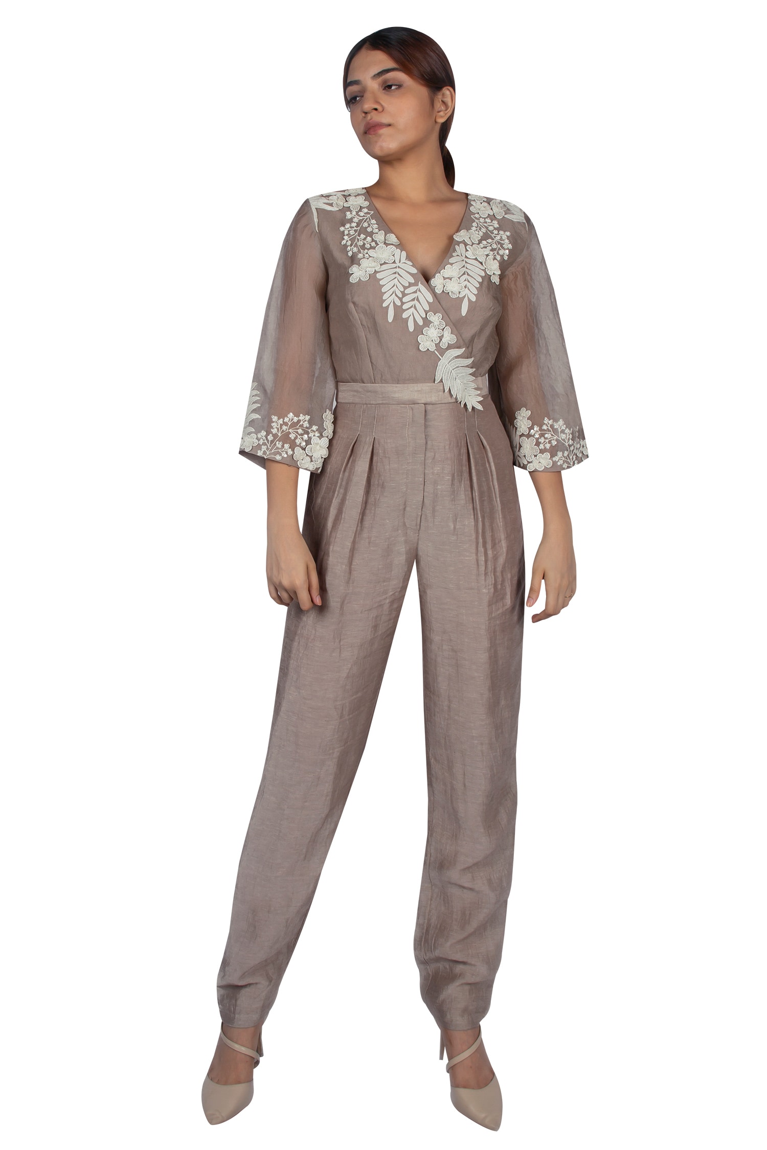 Buy Ekru Grey Linen Satin Embroidered Jumpsuit Online | Aza Fashions