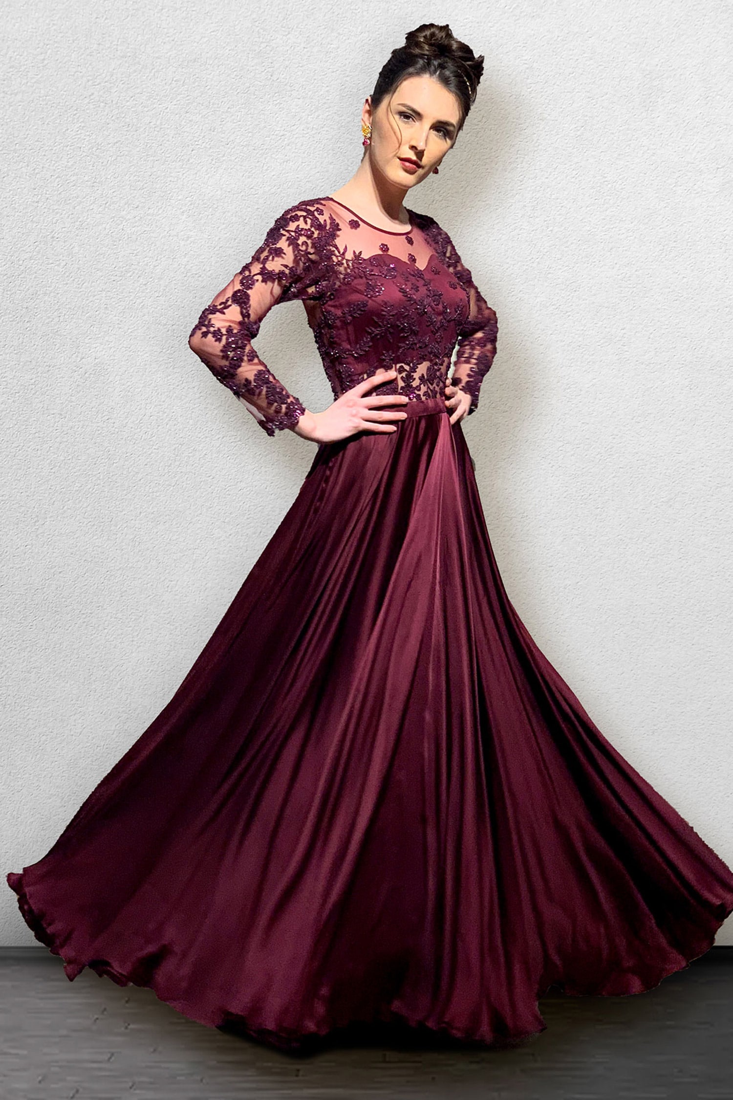 Embroidered Taffeta Silk Layered Gown in Maroon and Black : UDJ65