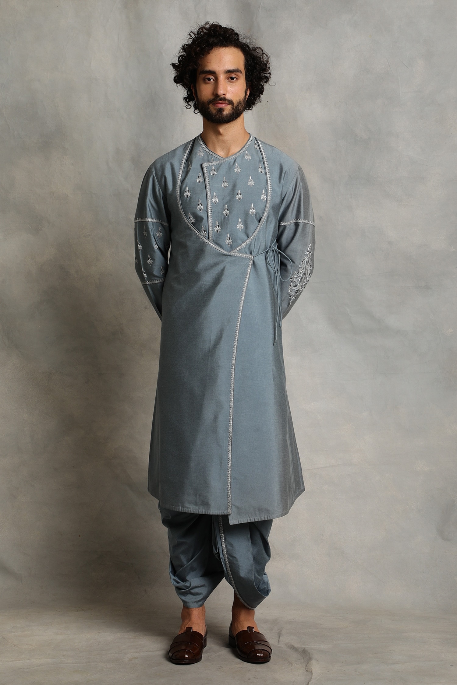 Buy Grey Kurta Cotton Silk Embroidered Floral Angrakha And Set For Men ...
