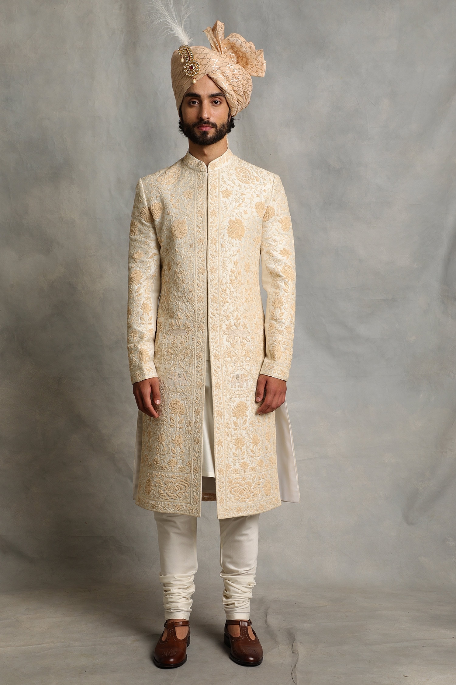 Buy White Raw Silk Embroidered Floral Sherwani Set For Men by Gargee ...