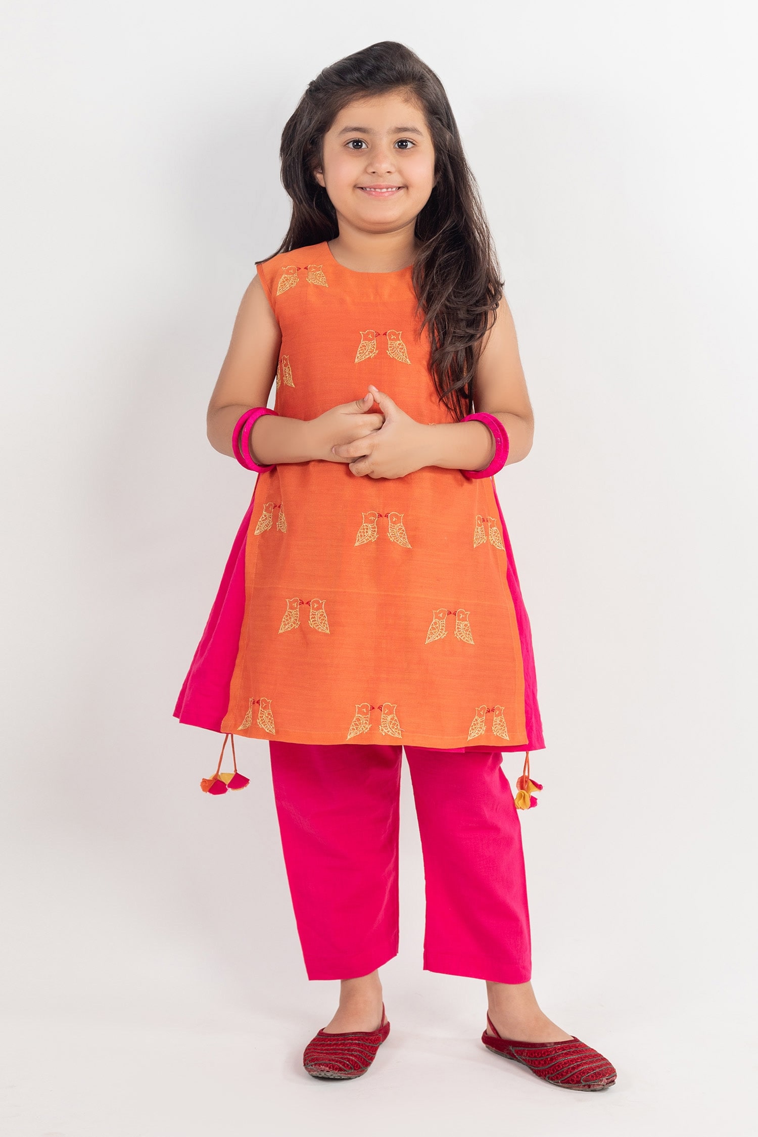 Buy Orange Chanderi Silk Embroidered Kurta Set For Girls by Mr Brat ...