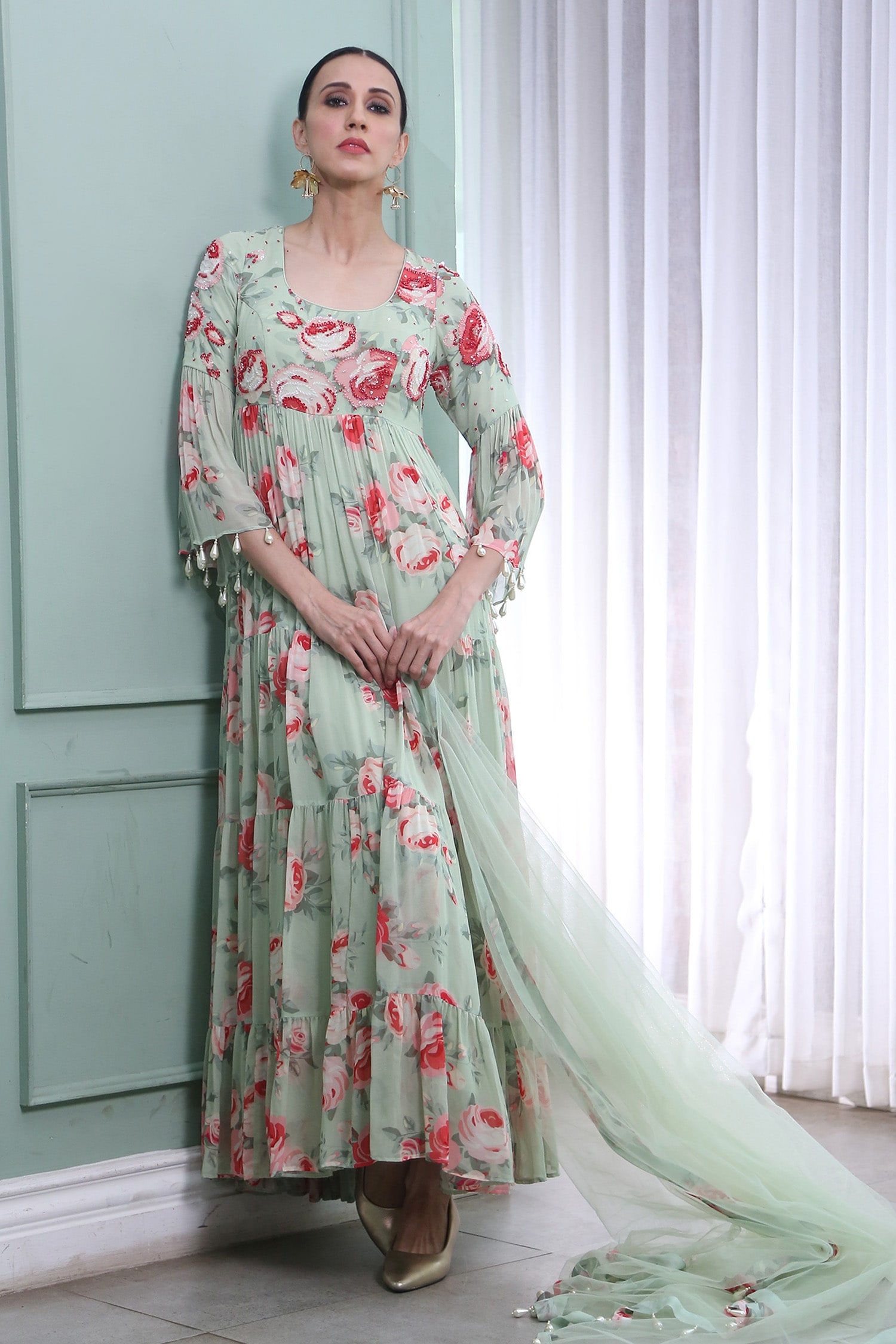 Buy Green Georgette Printed Floral Round Giya Anarkali With Dupatta For ...