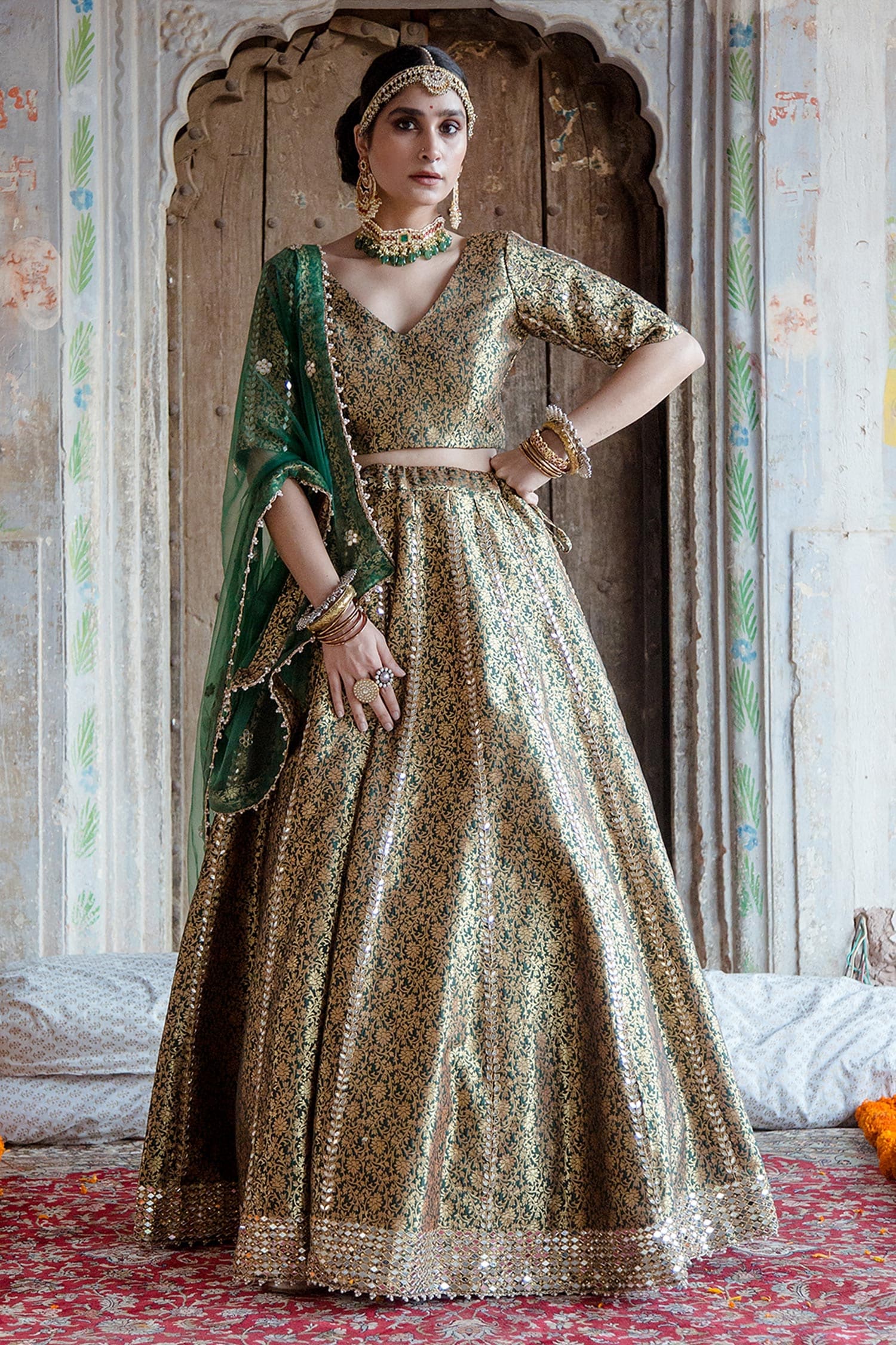 Buy Green Brocade Embroidered Swati Lehenga Set With Unstitched Blouse ...