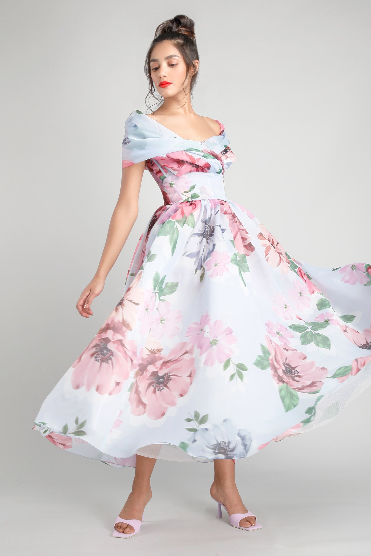 Gauri & Nainika Blue Organza Floral Print Dress
