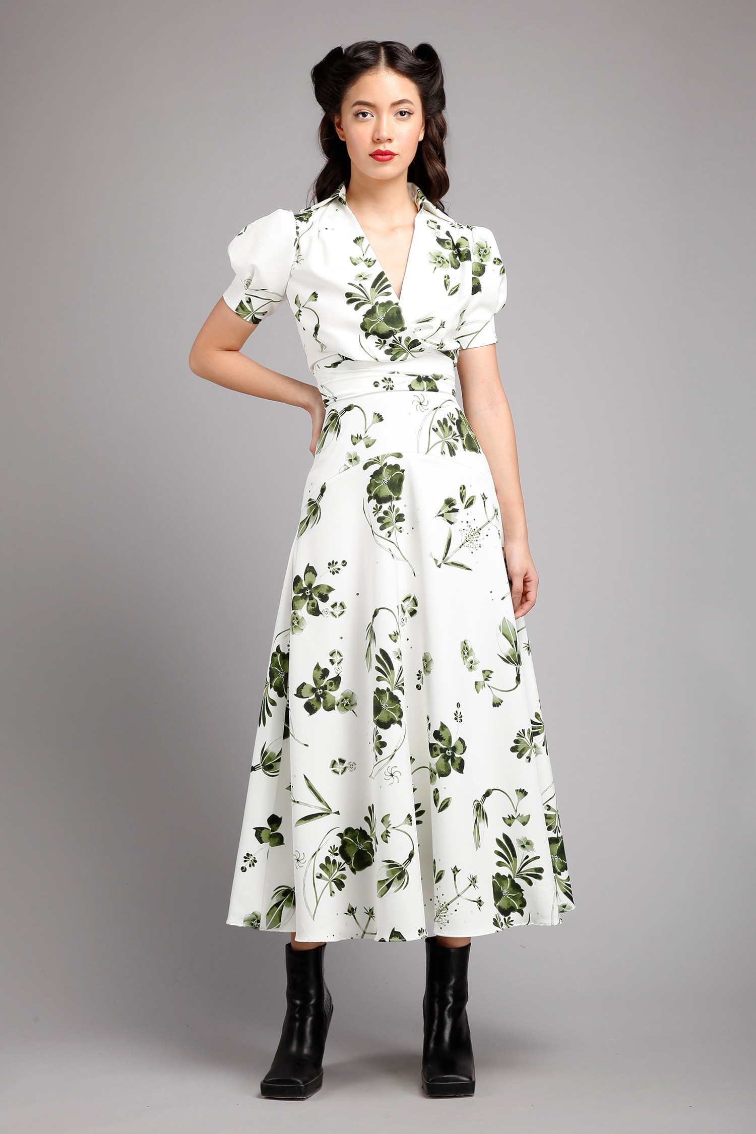 Buy White Micro Spread Collar Floral Print Midi Dress For Women by 