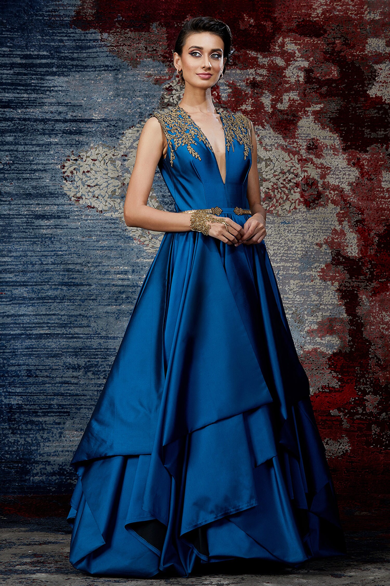 Buy Shantanu & Nikhil Blue Silk Embroidered Gown Online | Aza Fashions