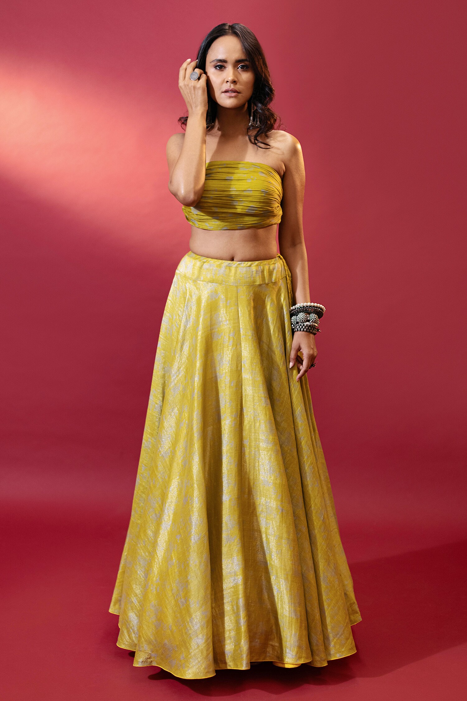 Buy Yellow Crop Top Organza; Lehenga Kasab Satin Inayat And Set For