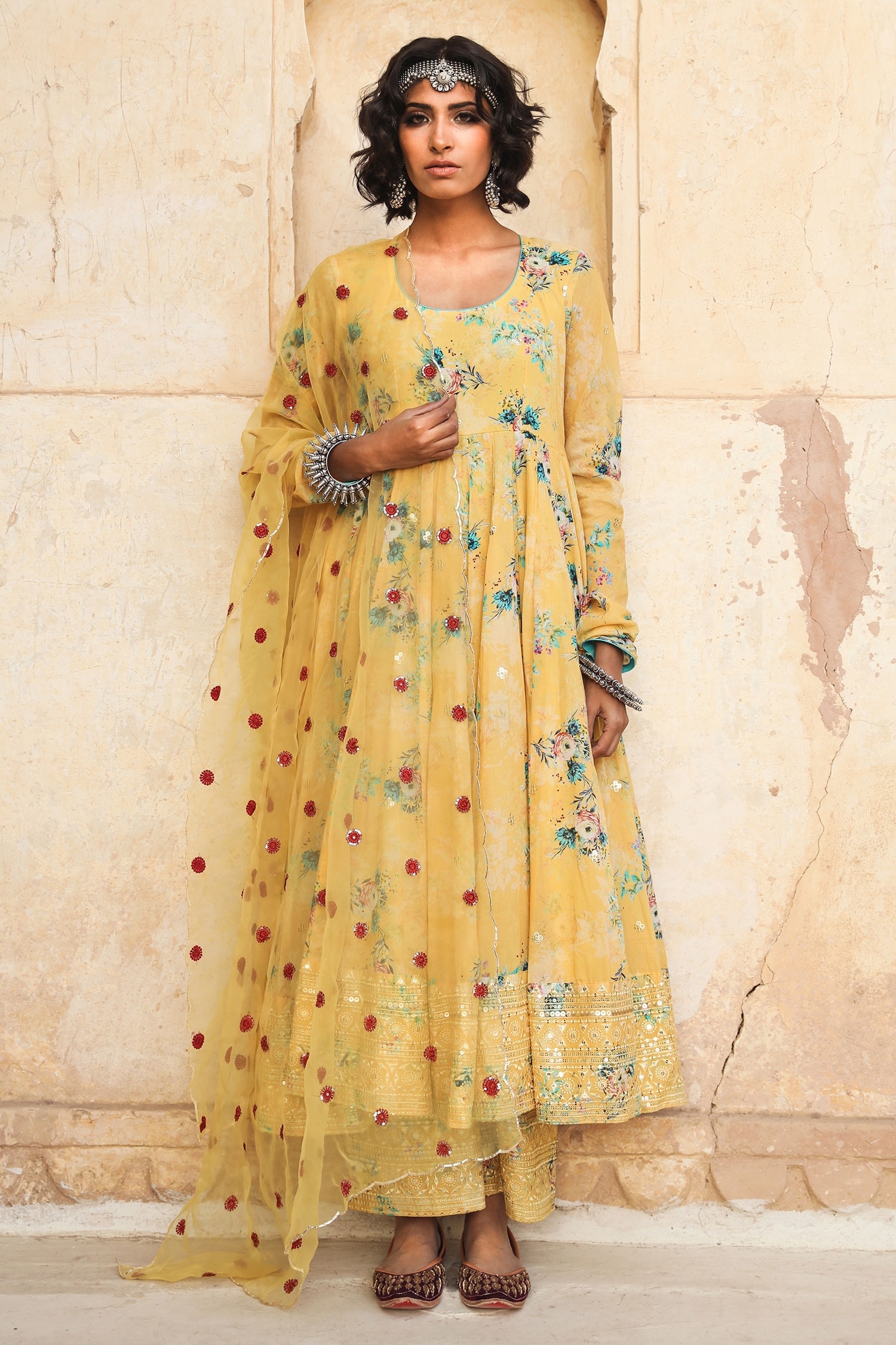 Buy Yellow Cotton Printed Floral U Neck Gul Anarkali Set For Women by ...