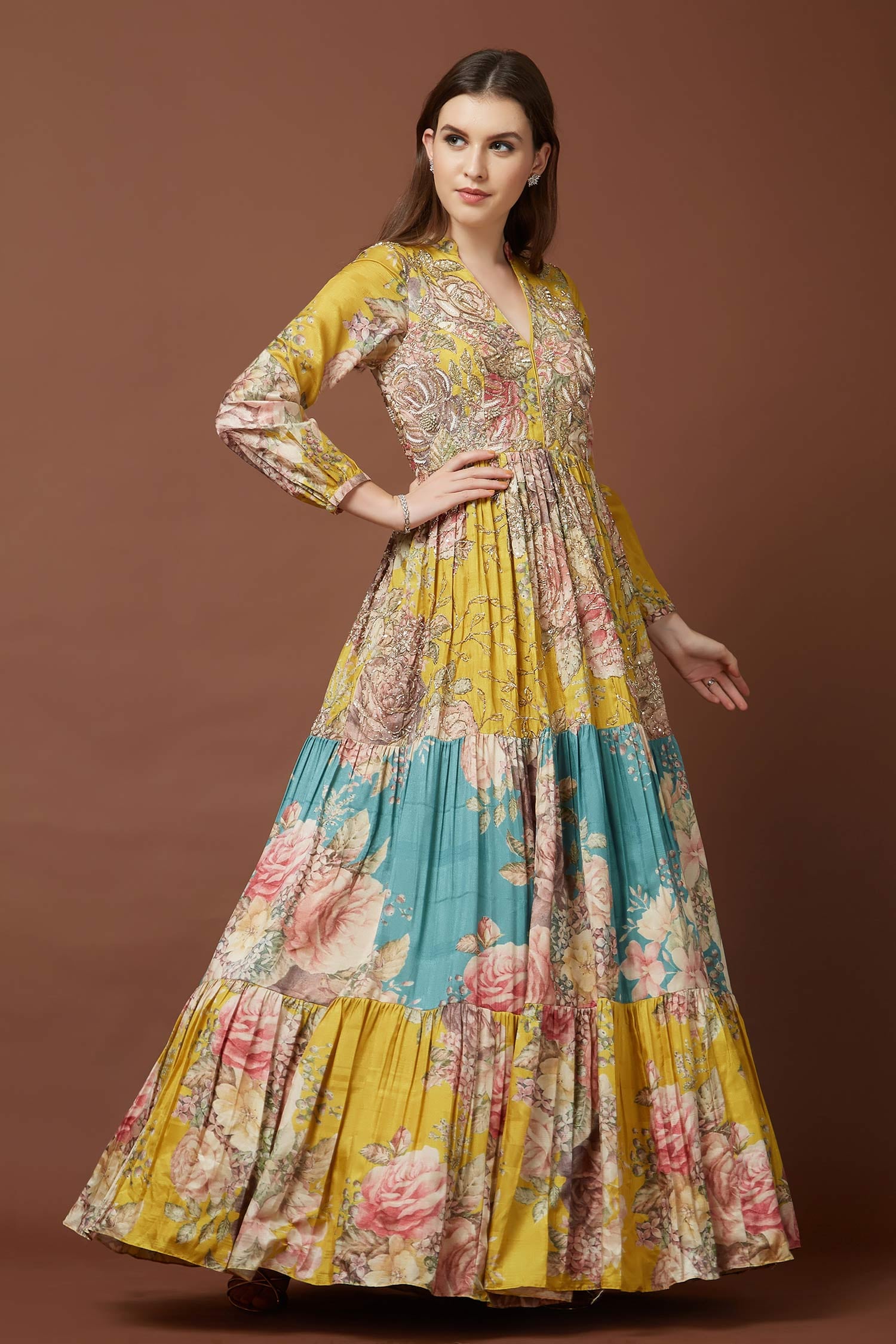 Buy Aayushi Maniar Yellow Tussar Silk Maxi Dress Online | Aza Fashions
