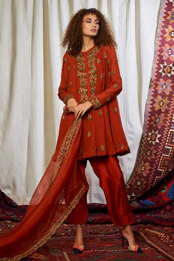 Mokshita Red Georgette Embroidered Flared Anarkali Set