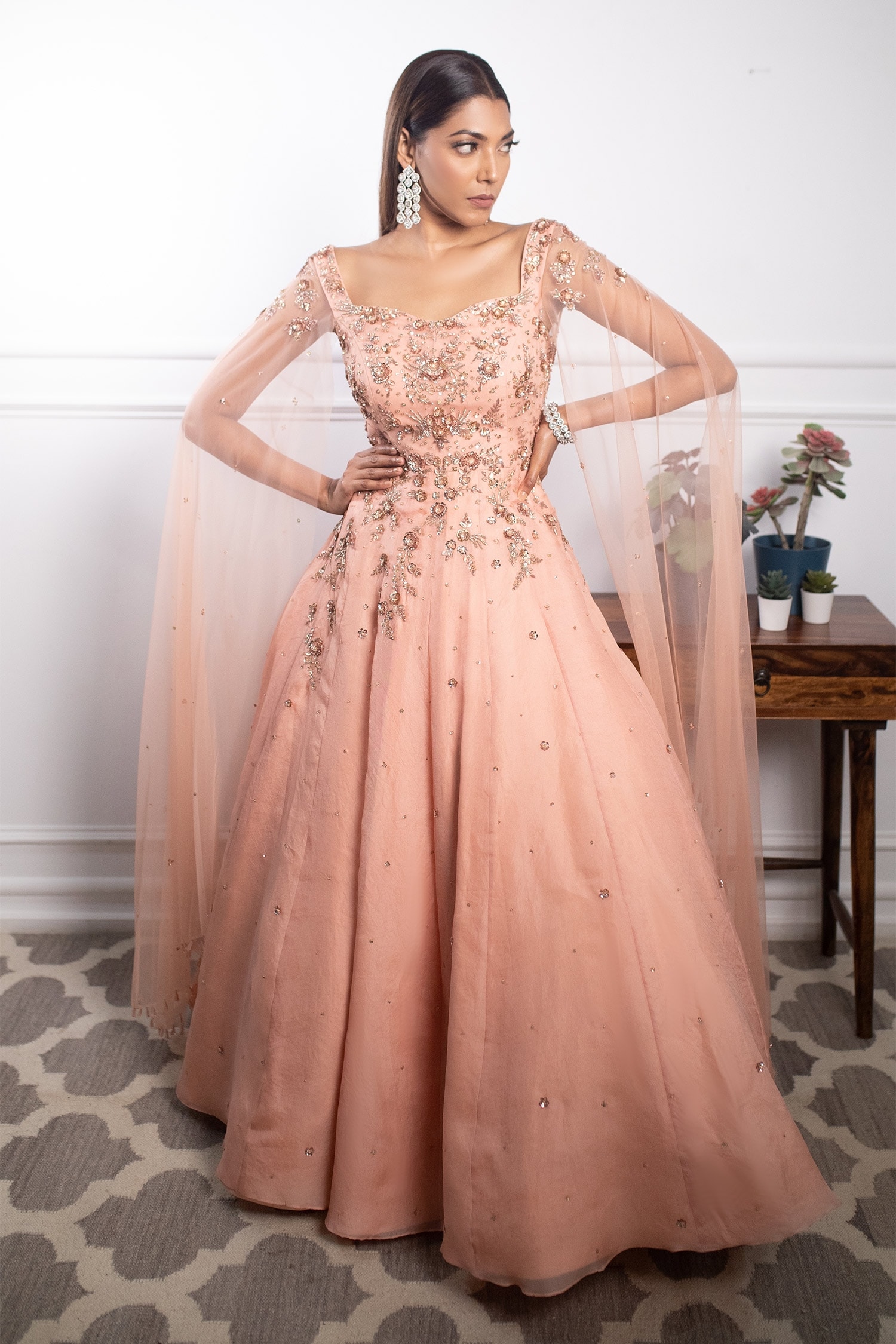 Buy Designer Peach Multi Thread Work Long Net Party Wear Gown Online