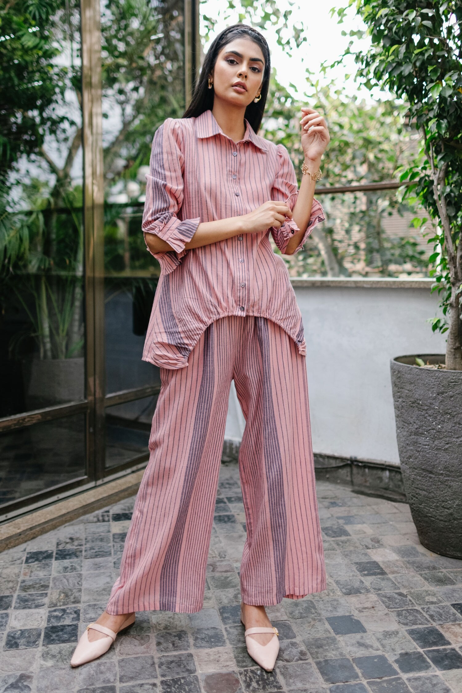 Buy Pink Cotton Embroidery Shirt Collar Striped Pant Set For Women