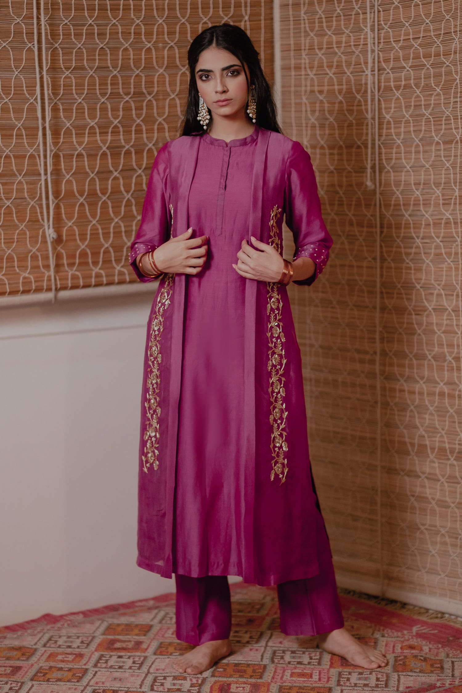 Buy House of Pink Purple Chanderi Kurta And Pant Set Online | Aza Fashions