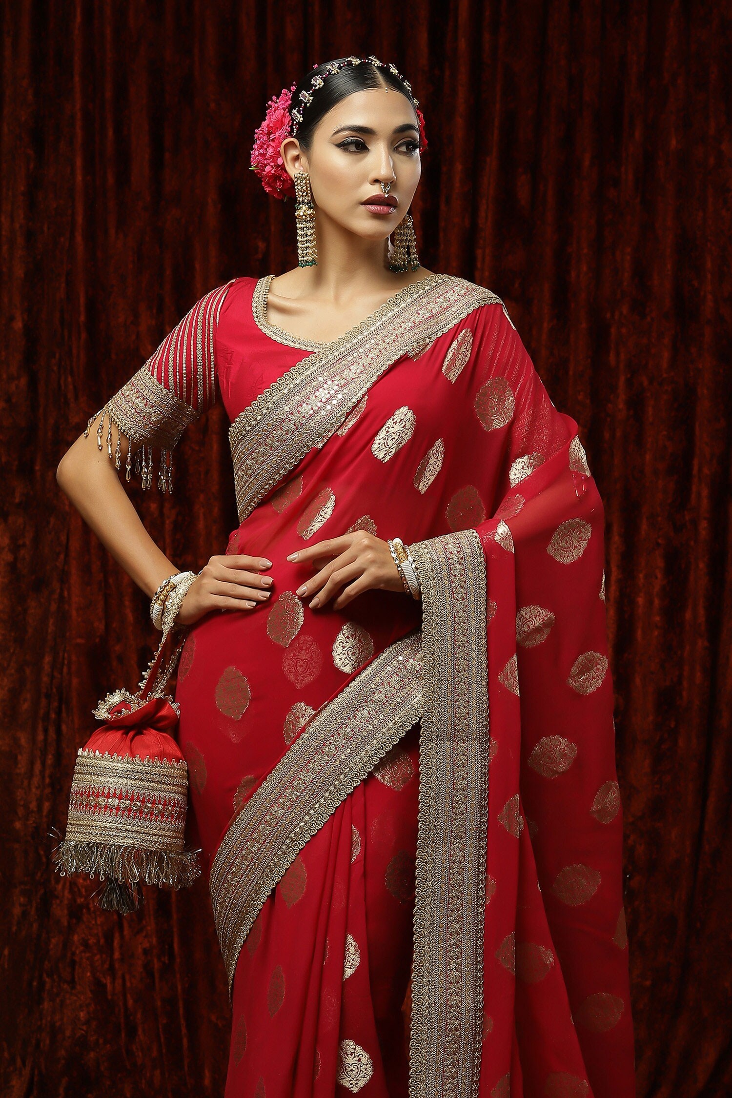 Buy Red Organza And Silk Embroidery & Applique Floral Saree With Blouse For  Women by Sonia Bansal Online at Aza Fashions.