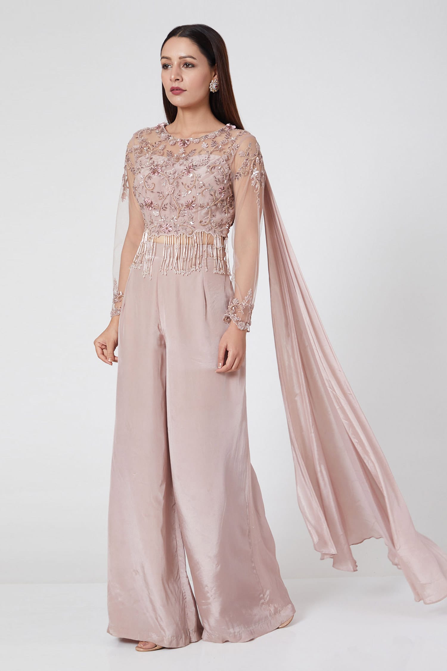 Jade By Ashima Pink Top: Net; Pant: Crepe Embroidery Round Draped Crop And Set For Women