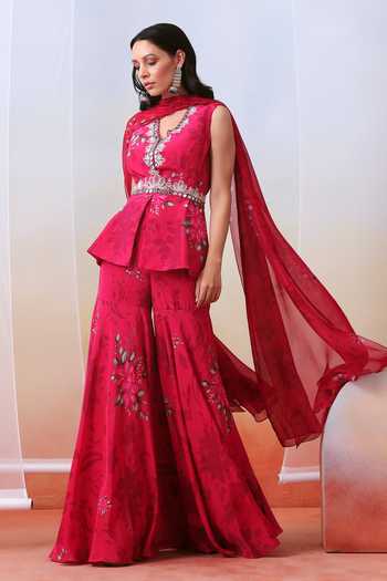 Blue & Dark Pink Sanganeri Peplum Top with Dark Pink Sharara Set main image 0
