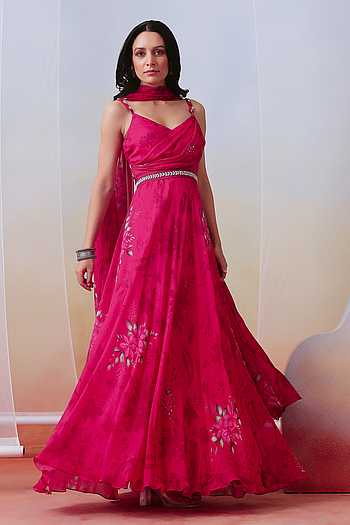 Floral Printed Sweetheart Neck Georgette Anarkali Kurta With Dupatta