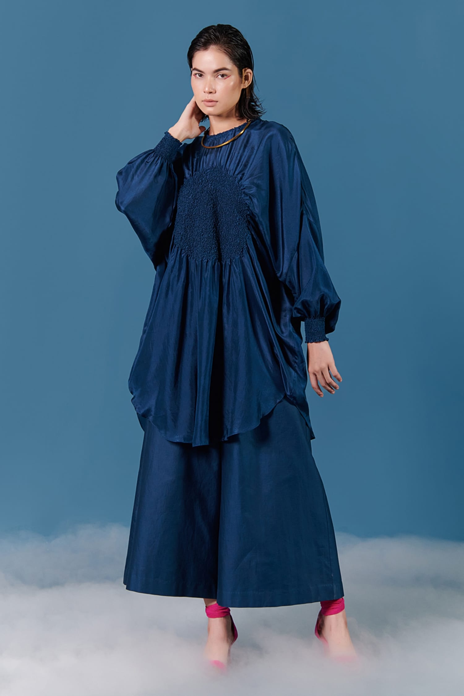 Buy Blue Silk Plain Round Smocked Full Sleeve Tunic For Women by Ilk ...