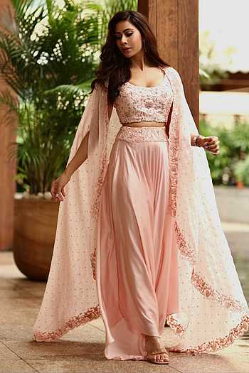 Coral pink silk chanderi  top set and modal satin pant