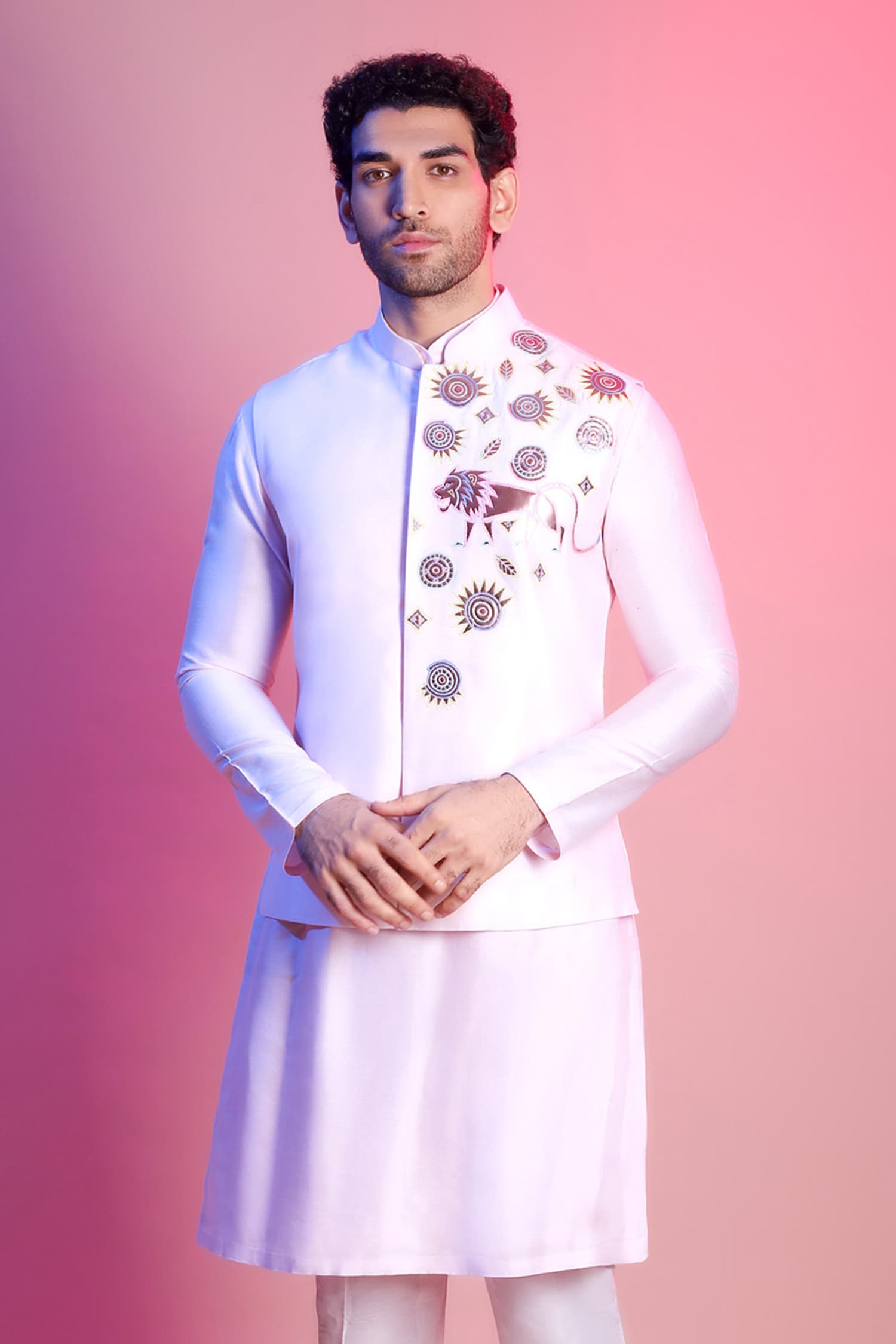 Buy Pink Silk; Bundi Lining: Mul Embroidered And Kurta Set For Men by  DiyaRajvvir Online at Aza Fashions.