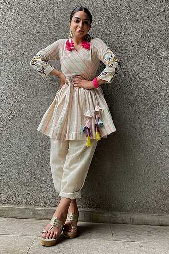 Unisex Organic Essential White Angrakha Top & Mint Pants