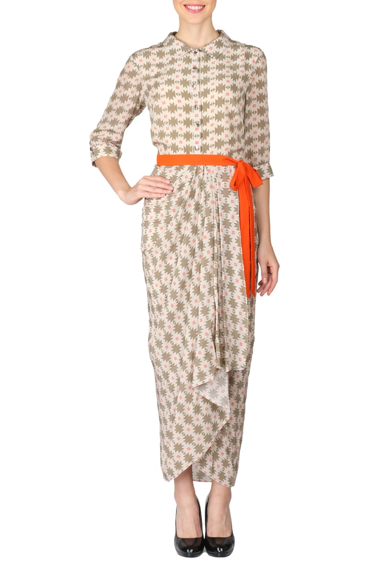 Soup by Sougat Paul Off White, Coral And Beige Printed Dhoti Dress