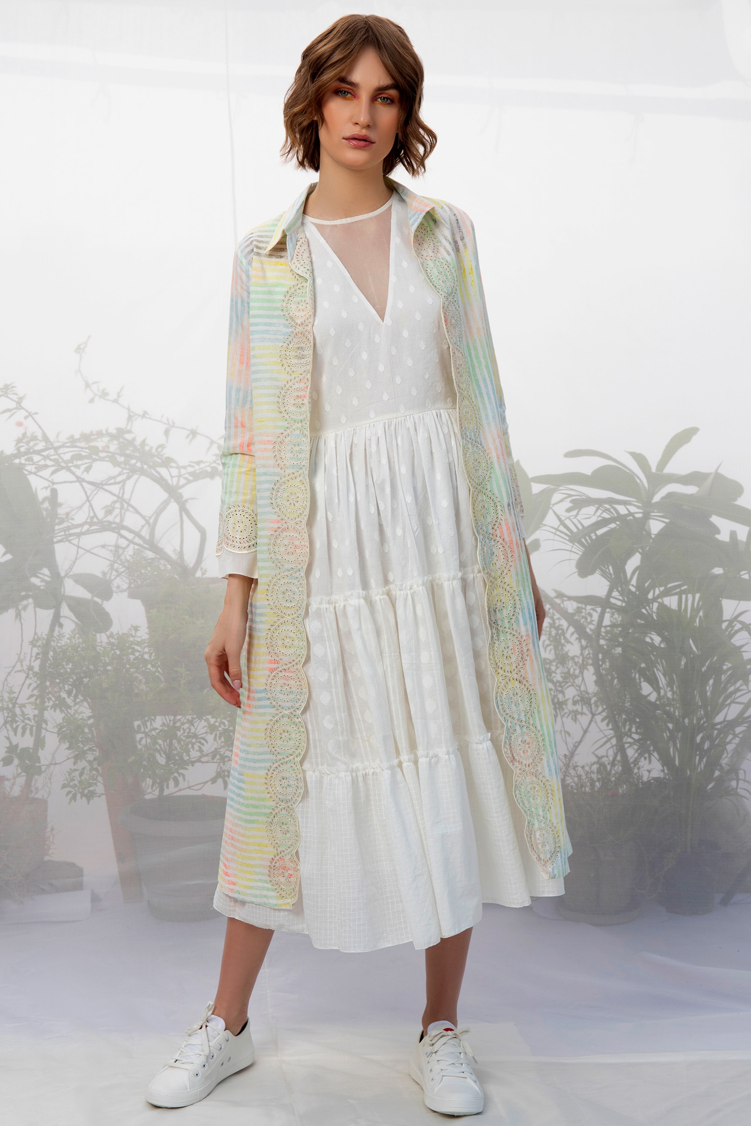 Arcvsh by Pallavi Singh White Cotton Linen Jacket And Midi Dress