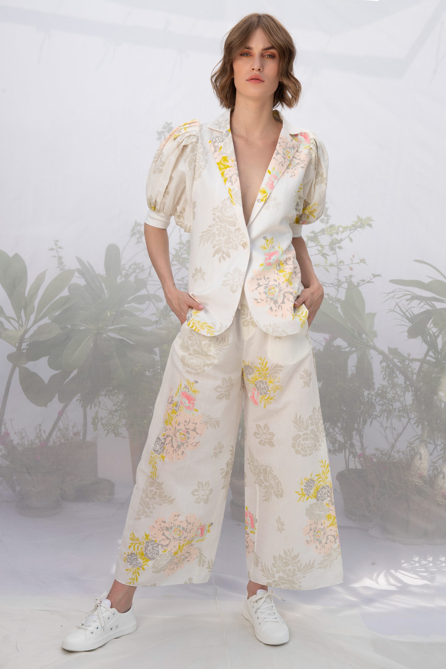 Buy White Linen Notched Lapel Jacket Pant Set For Women by Arcvsh by ...
