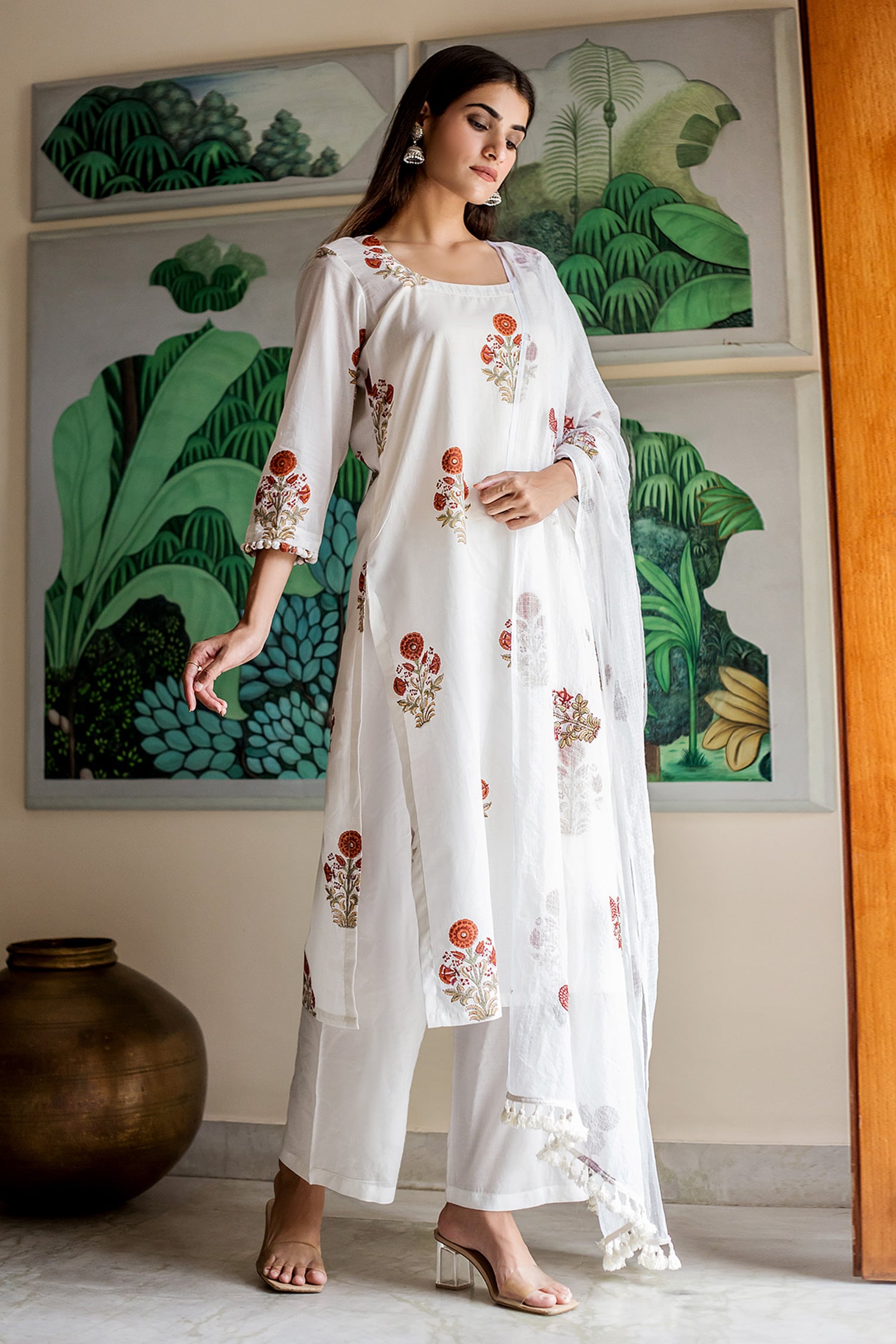 Buy White Kurta Cotton Linen Pant Chikan Cotton Dupatta Floral Print ...