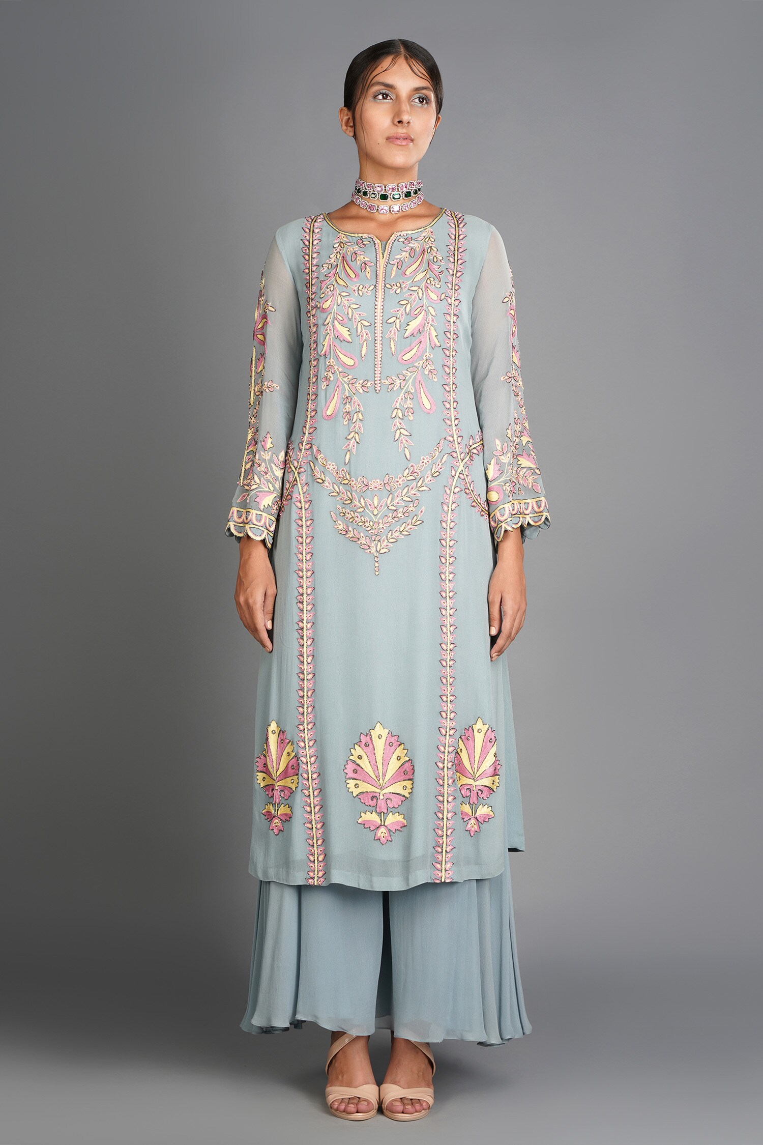 Buy Blue Notched Round Neck Embroidered Kurta Palazzo Set For