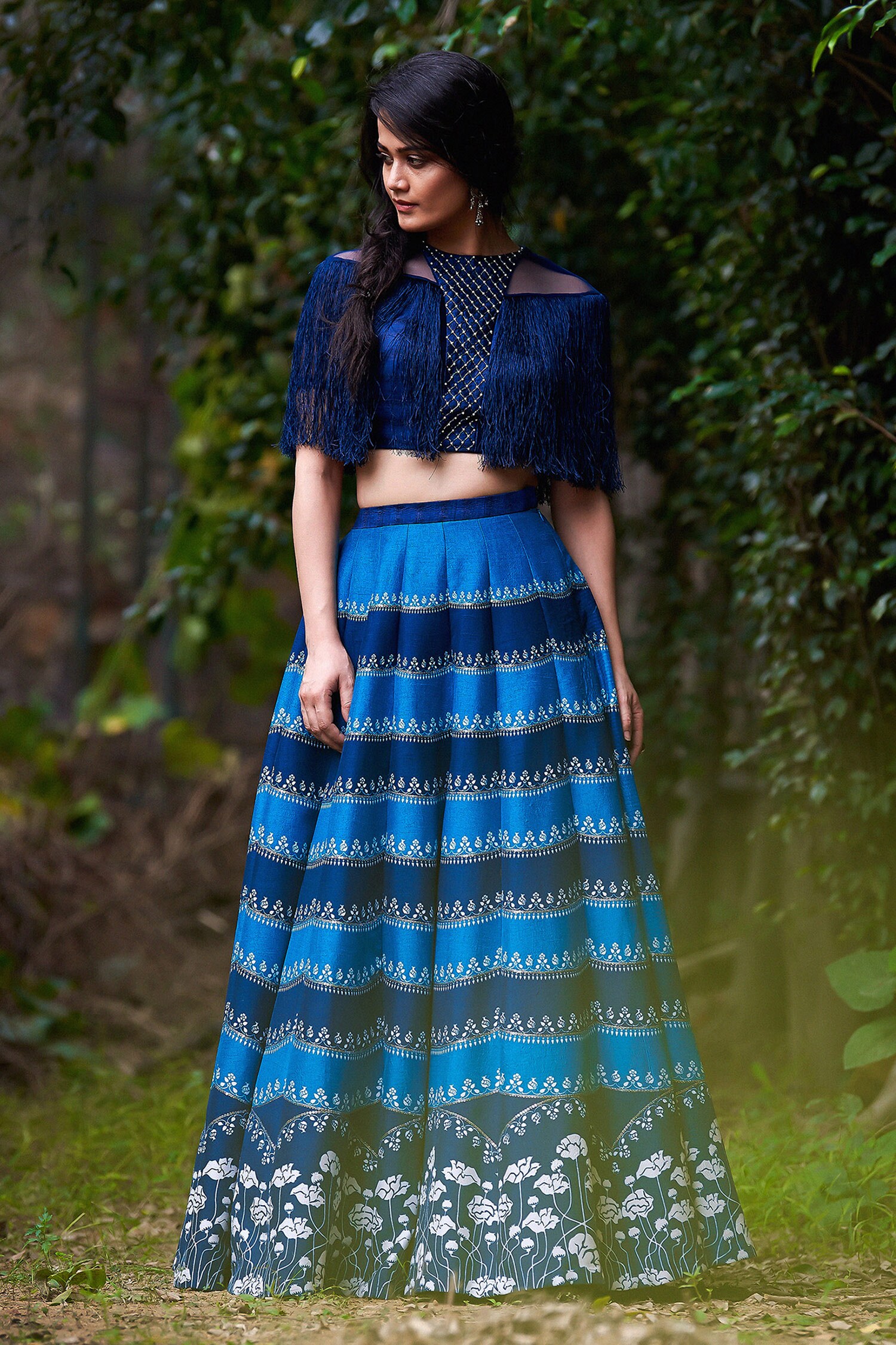 Buy Irrau By Samir Mantri Blue Dupion Printed Lehenga Set Online Aza