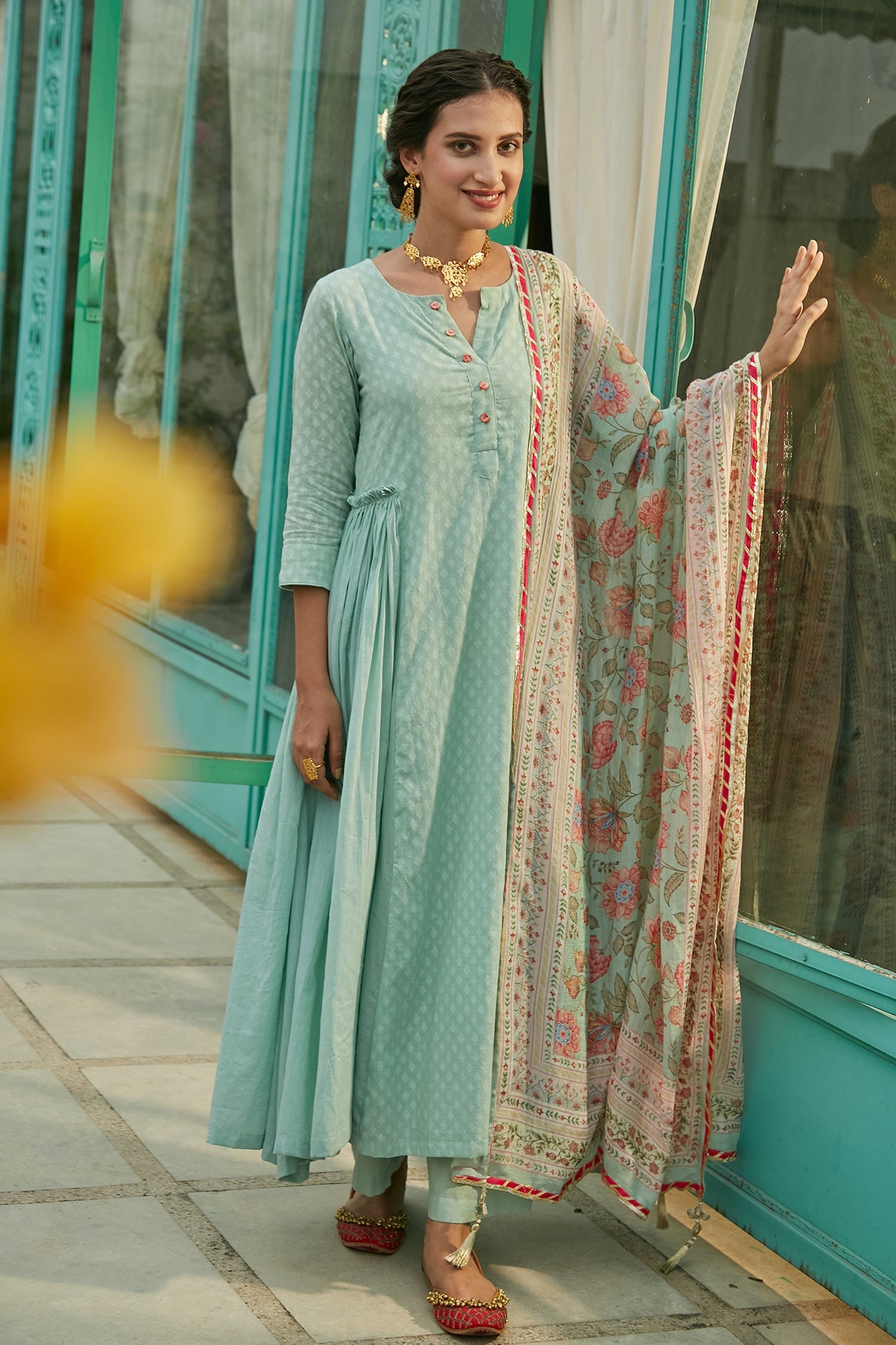 Buy Blue Anarkali-cotton Jamdhani With Mulmul Woven Floral Cotton Set ...