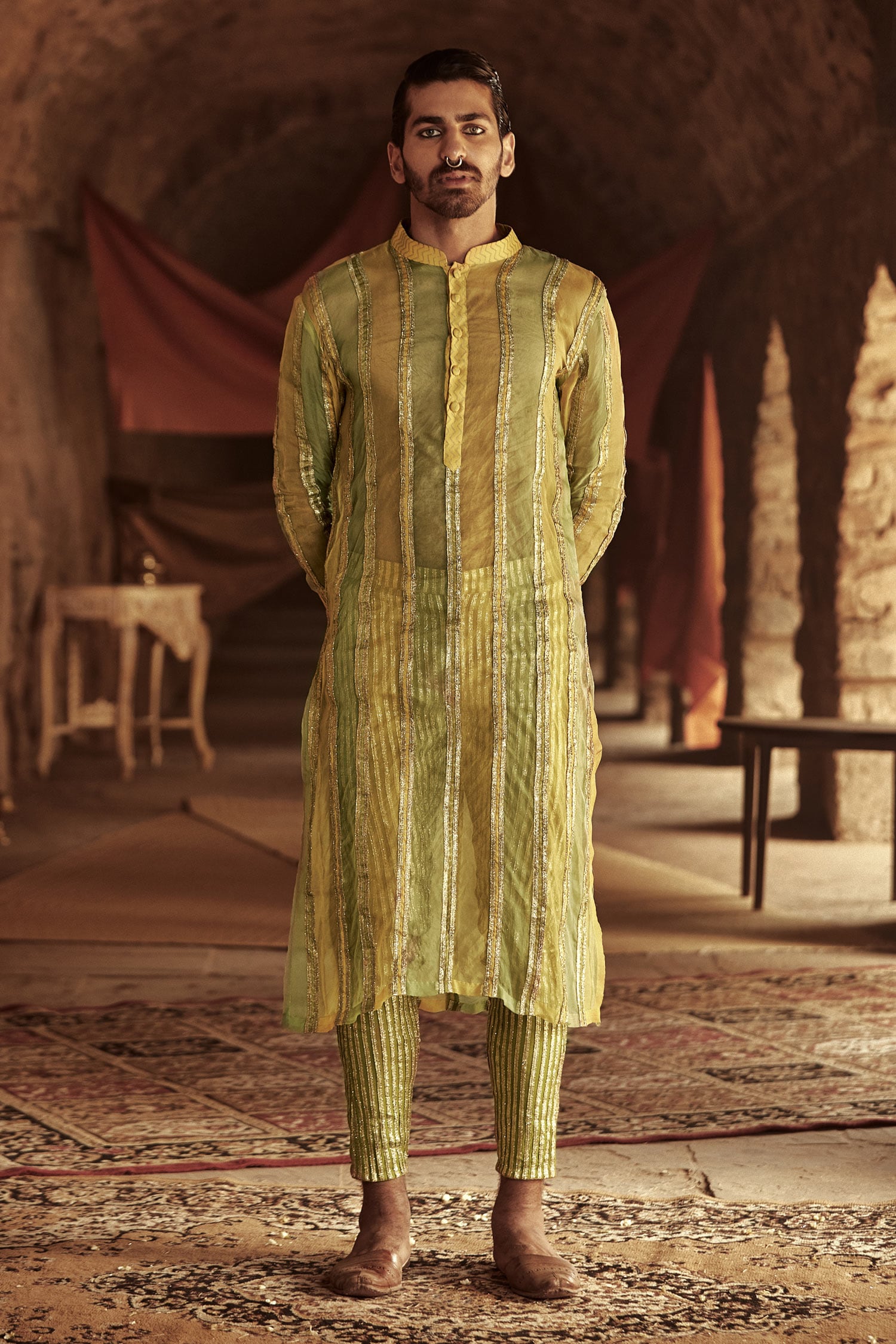 Buy Yellow Organza Panelled Kurta And Pant Set For Men by Itrh Online ...