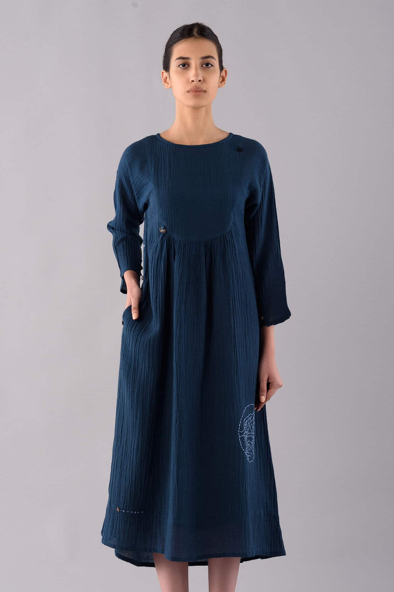 Buy Blue Linen; Lining: Voile Round Temari Dyed Midi Dress For Women by ...