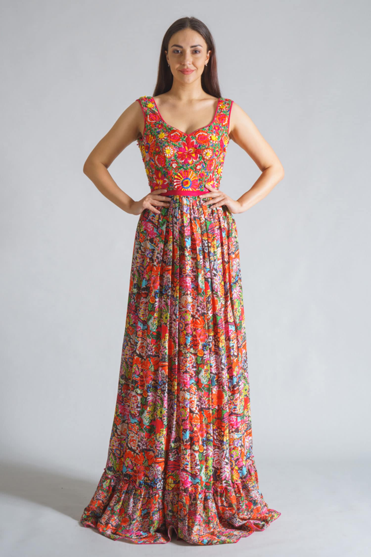 Buy Multi Color Cotton Silk Chanderi V Neck Printed Maxi Dress For ...