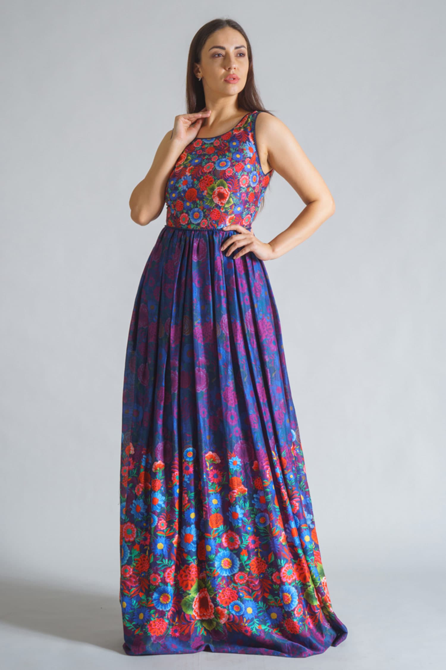Buy Blue Cotton Silk Chanderi Round Printed Gown For Women by Payal ...