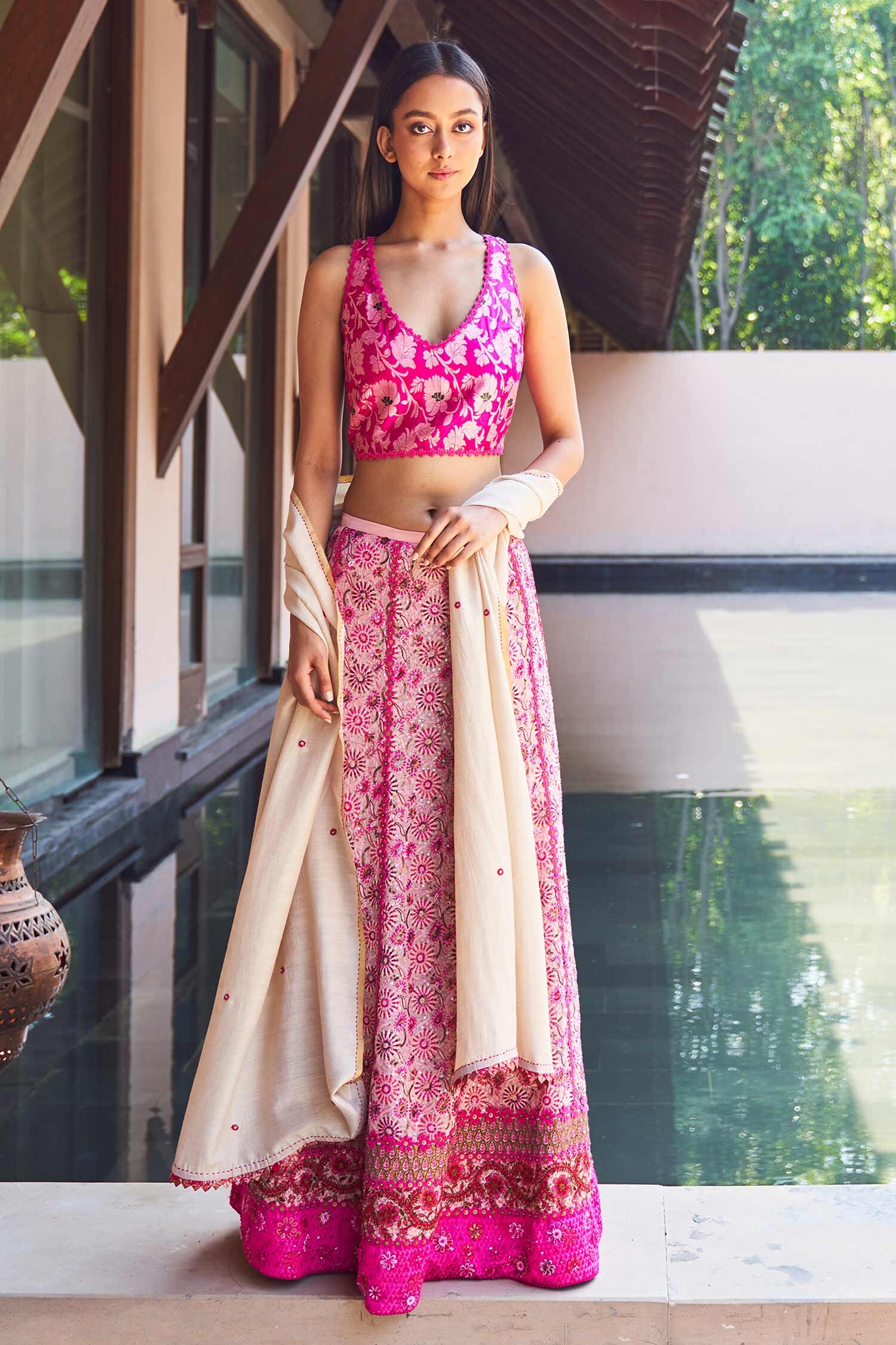 Buy Payal Jain Pink Silk Georgette Chikankari Lehenga Set Online | Aza ...
