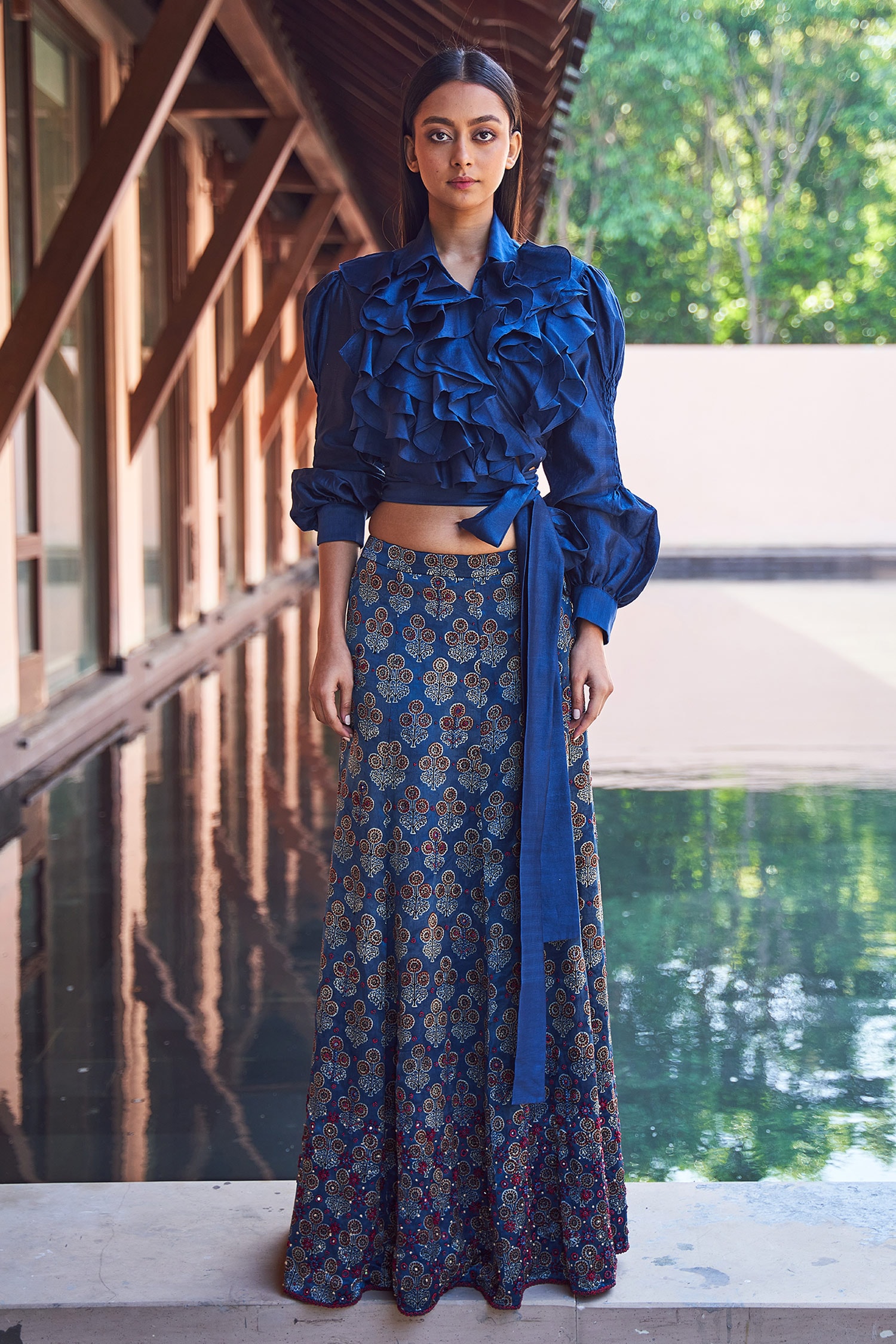 Buy Blue Satin Ajrakh Print Skirt And Ruffle Top Set For Women By Payal 