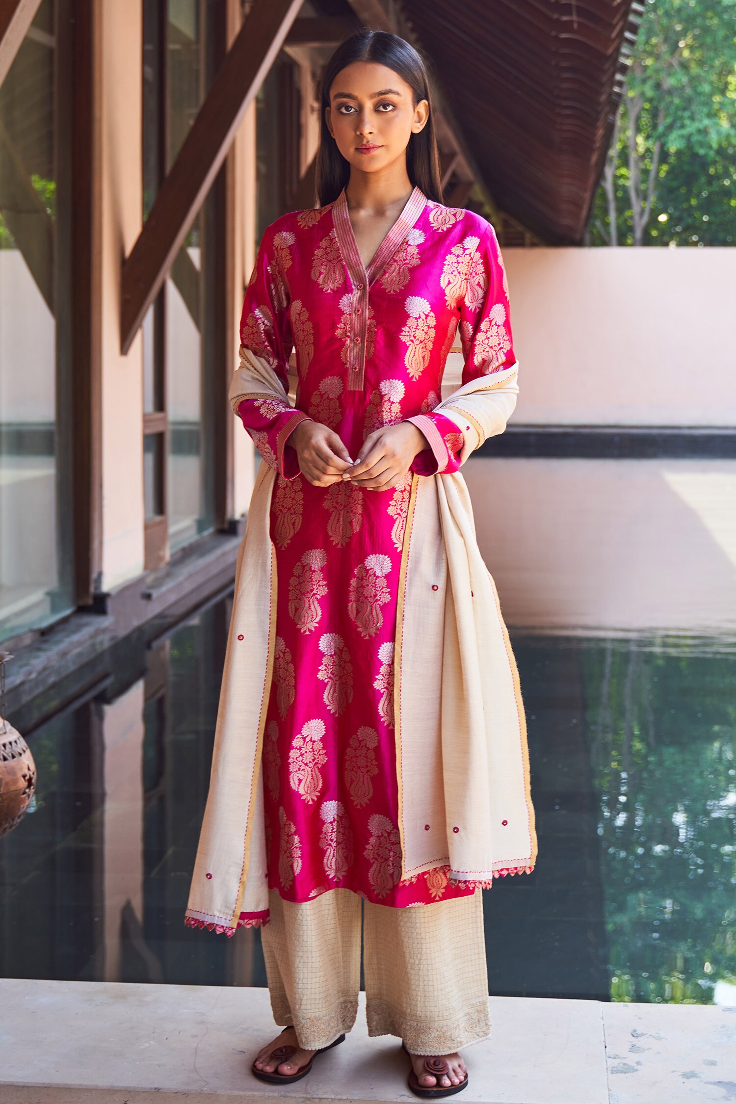 Buy Pranay Baidya Pink Brocade Kurta And Pant Set Online  Aza Fashions