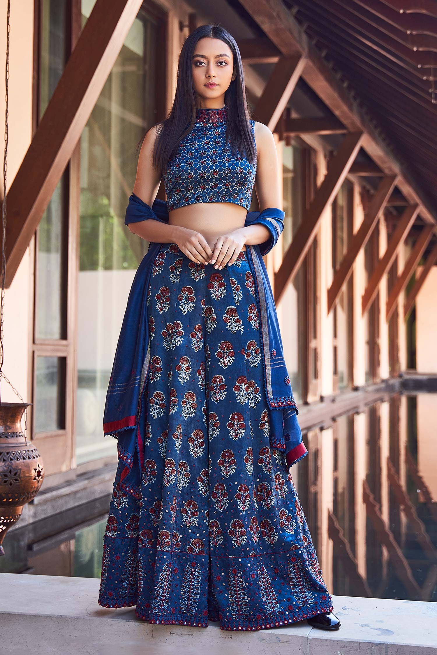 Buy Blue Satin Ajrakh Print Pant And Crop Top Set For Women by