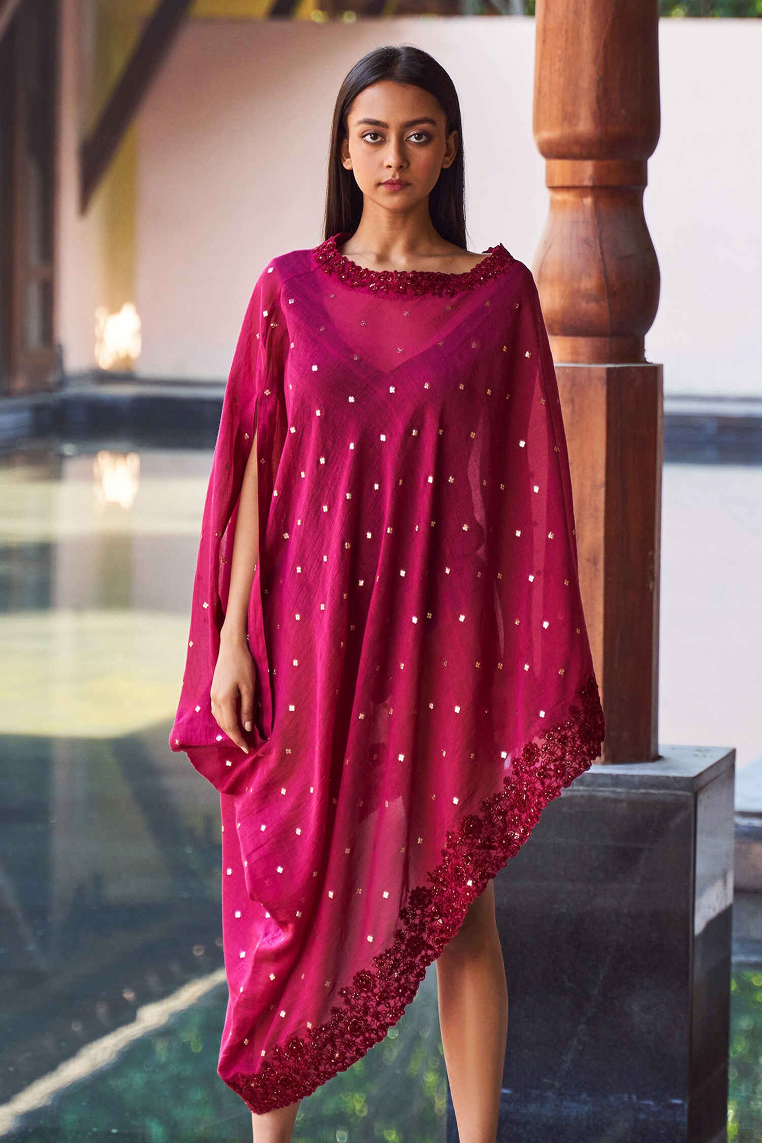 Payal Jain Maroon Cotton Silk Chanderi Asymmetric Cover Up For Women
