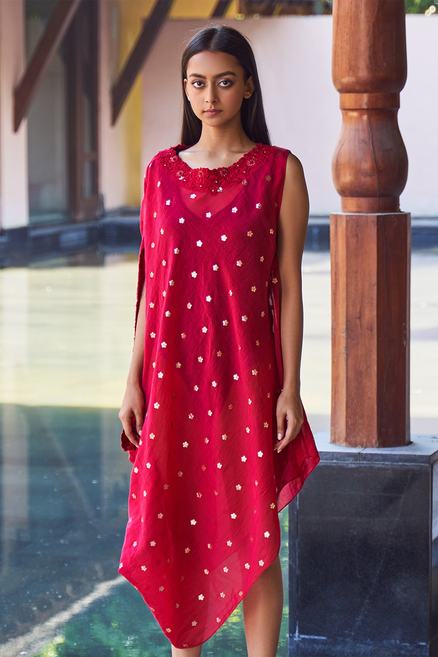 Payal Jain Red Cotton Silk Chanderi Asymmetric Cover Up For Women