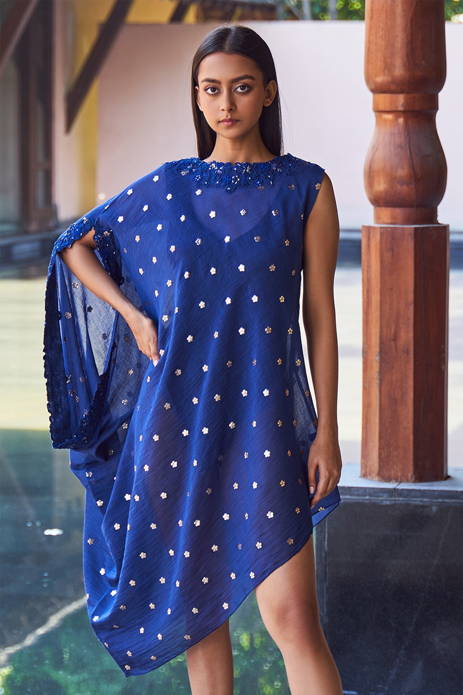 Payal Jain Blue Cotton Silk Chanderi Asymmetric Cover Up For Women