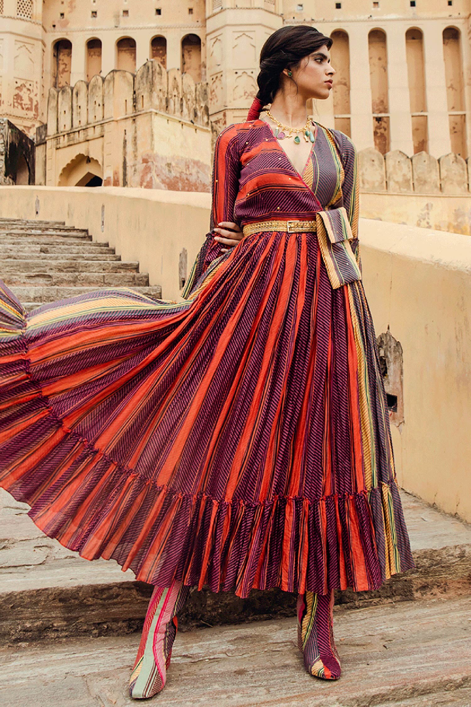Buy Multi Color Chanderi Silk Embroidery V Neck Dress For Women by ...
