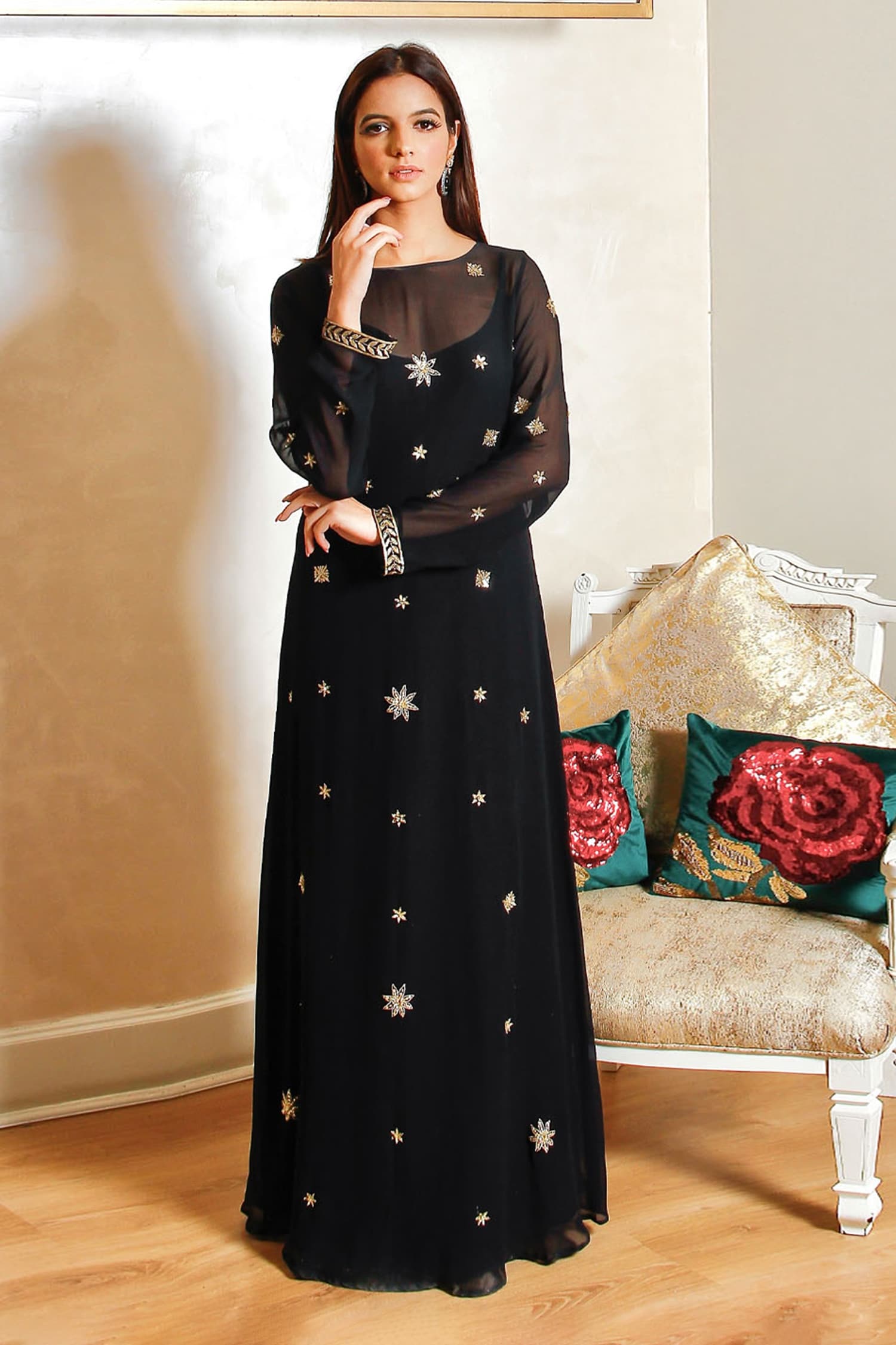 Buy Black Silk Georgette Embroidery Aari Round Gown For Women by ...