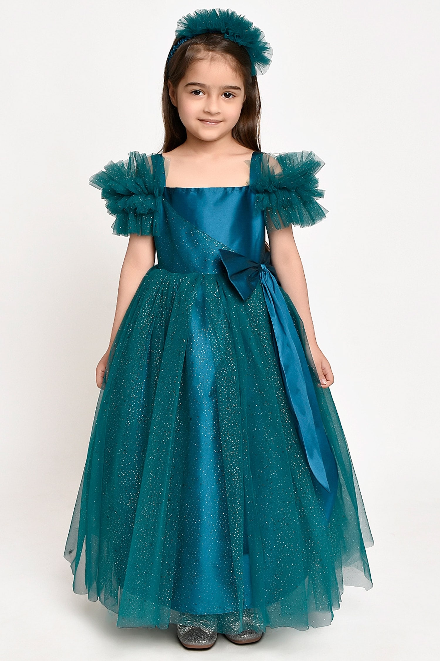 Buy Green Net Embellished Gown For Girls by Jelly Jones Online at Aza ...