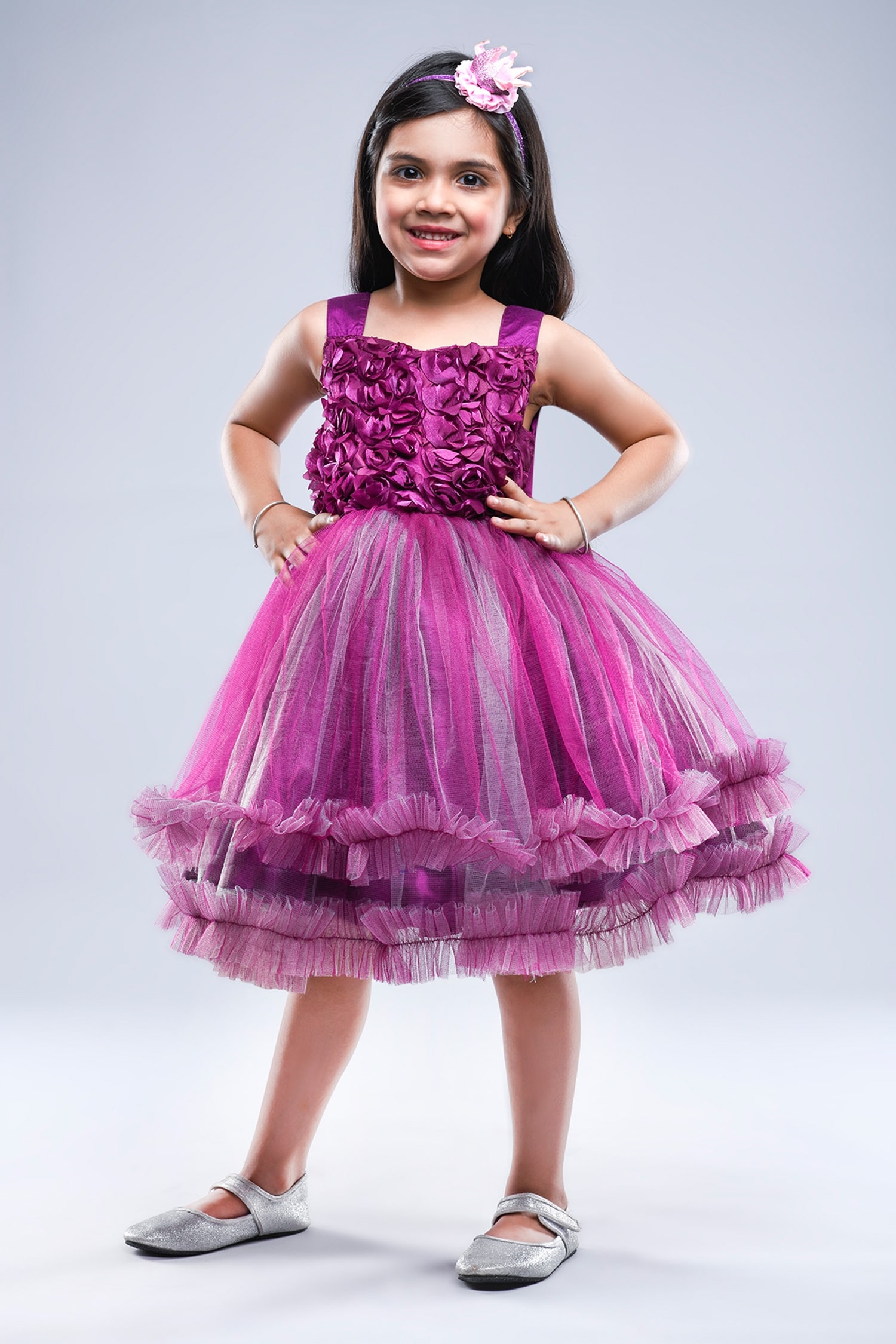 Buy Purple Net Embellished Floral 3d Dress For Girls by Jelly Jones ...