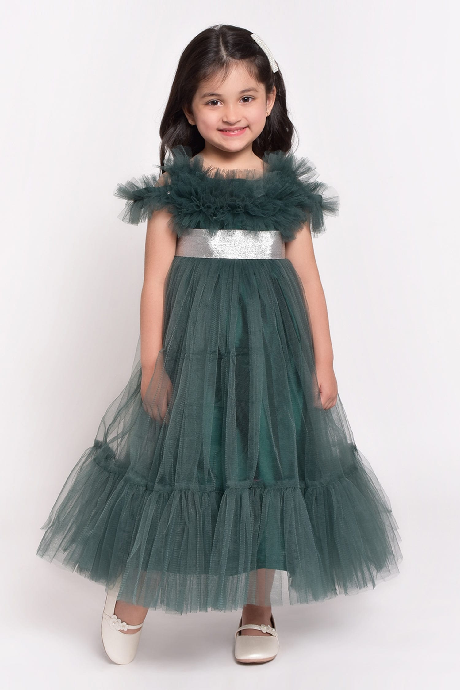 Buy Green Net Ruffle Gown For Girls by Jelly Jones Online at Aza Fashions.