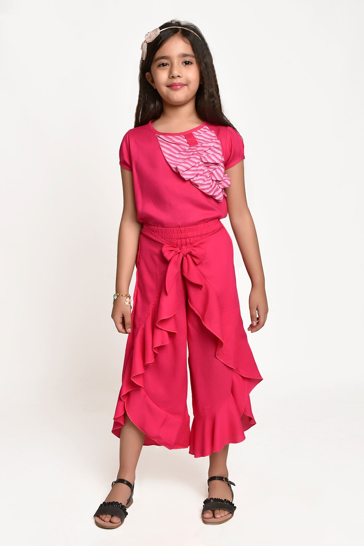 Buy Pink Cotton Plain Top And Overlap Pant Set For Girls by Jelly Jones